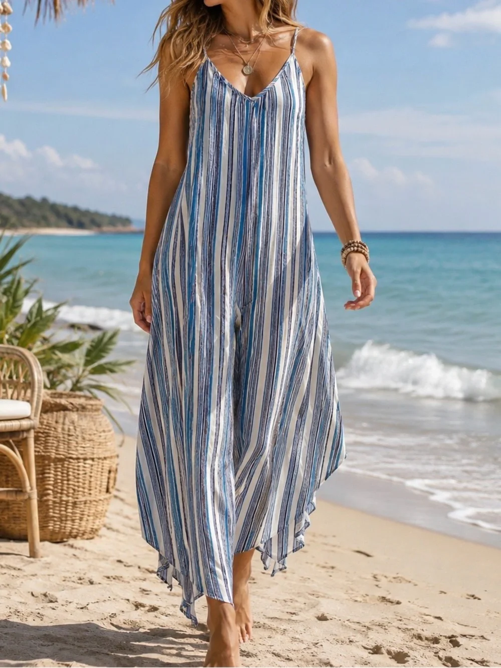 Portacruz Women’s Medium Blue White Striped Wide Leg Jumpsuit Boho Resort